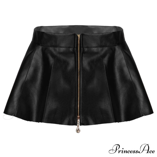 Leather Front Zipper Pleated Mini Skirt Black 1 / XS