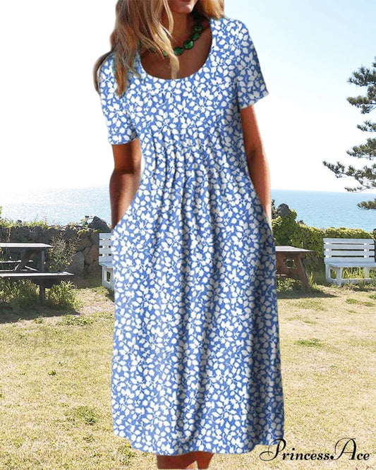 Leaves Print Short Sleeve Dress Blue / S