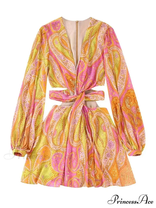 legant Print Hollow Out Pleated Mini Boho Dress Orange / XS