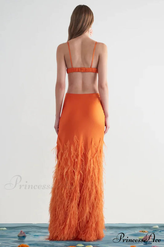 Lena Satin Cutout Trendy Ostrich Feather Maxi Dress