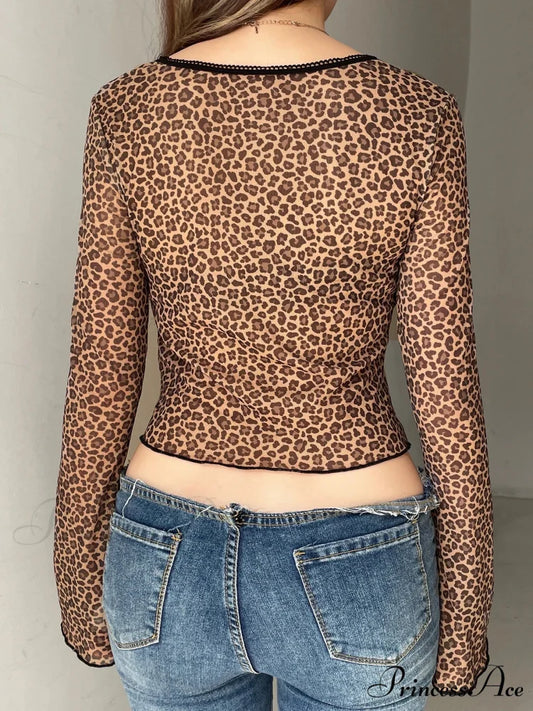 Leopard Divided Mesh Trim Narrow Square Neck Long Sleeve Knit Top knittop-250126