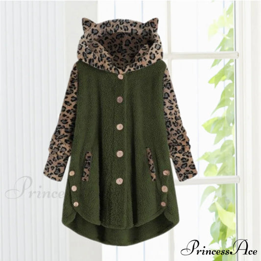 Leopard Patchwork Cat Ears Coat Army Green / S