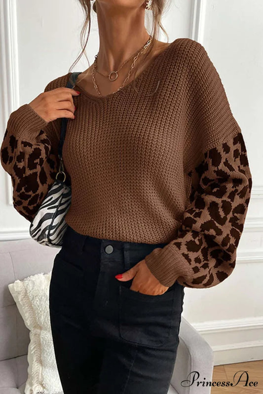Leopard Patchwork Pullover Sweater Coffee / S