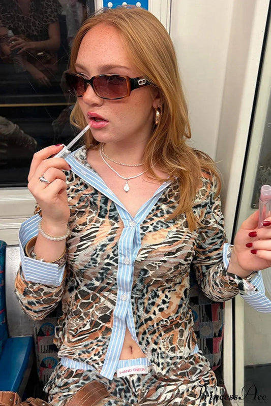 Leopard Print Panel Long Sleeve Blouse