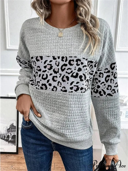Leopard Women’s Arm Casual Sweatshirt Neck Round Long Gray Pullover Top Gray / S
