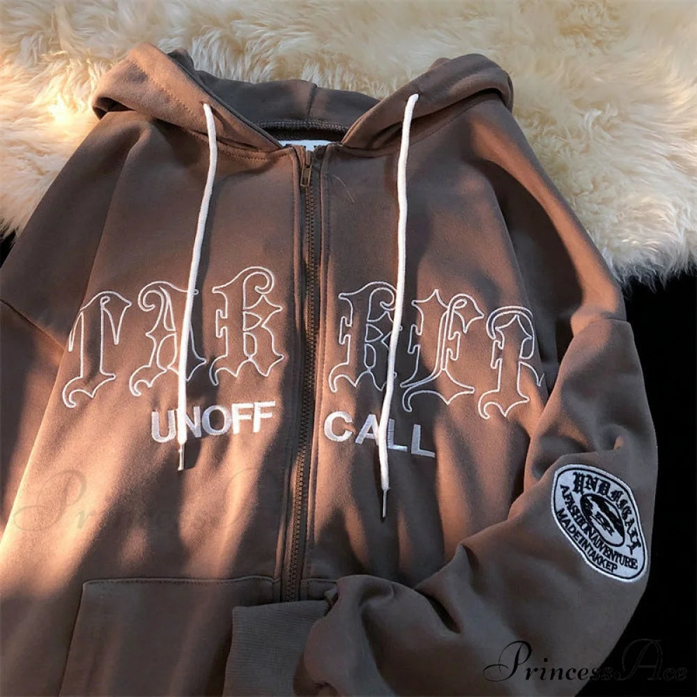 Letter Embroidery Vintage Loose Zipper Hoodies Coffee / S Sweatshirts & Hoodies-L