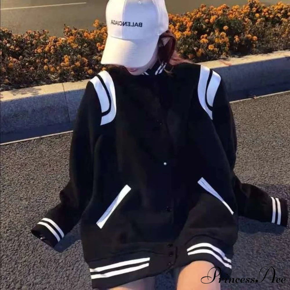 Letter Print Baseball Jacket BLACK / S