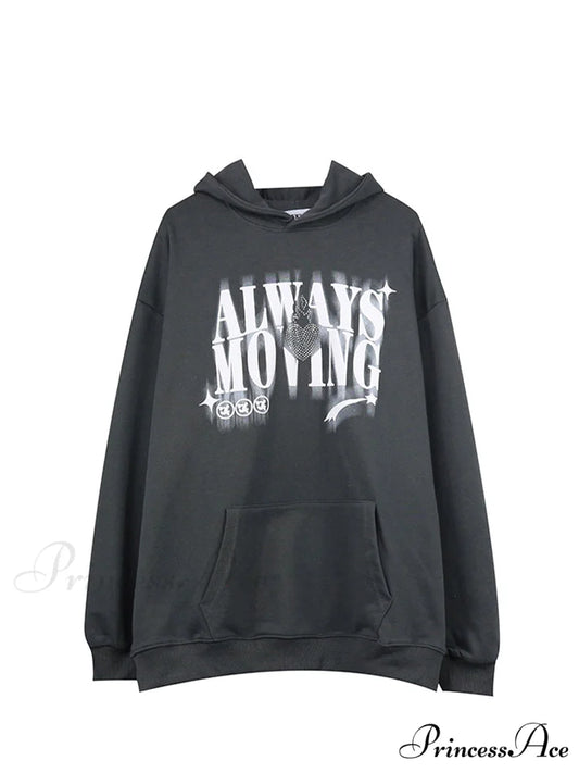 Letter Print Oversize Streetwear Hoody Pullover Dark gray / S