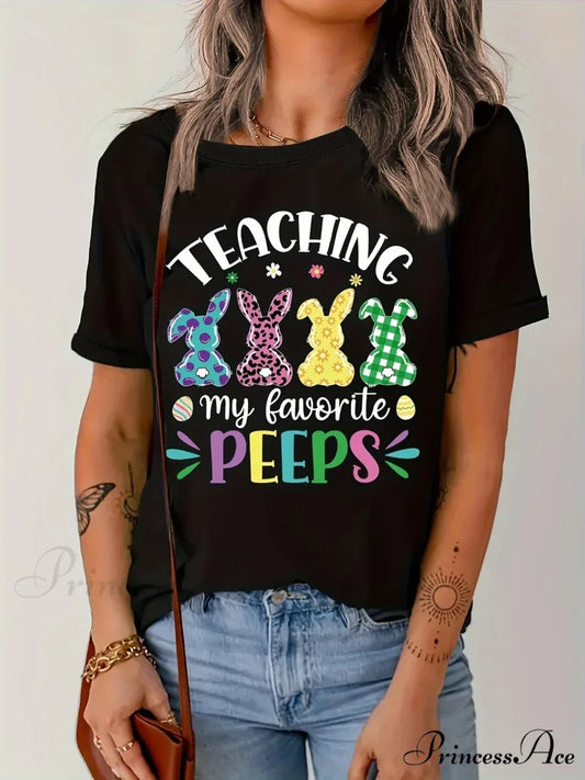 Letter Print Short Sleeve Crew Neck Casual Top For Spring & Summer Women’s Clothing T-shirt BLACK / S