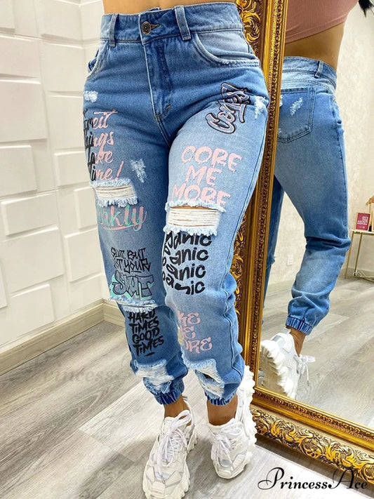 Letter Print Slant Pocket Ripped Jeans Blue / S