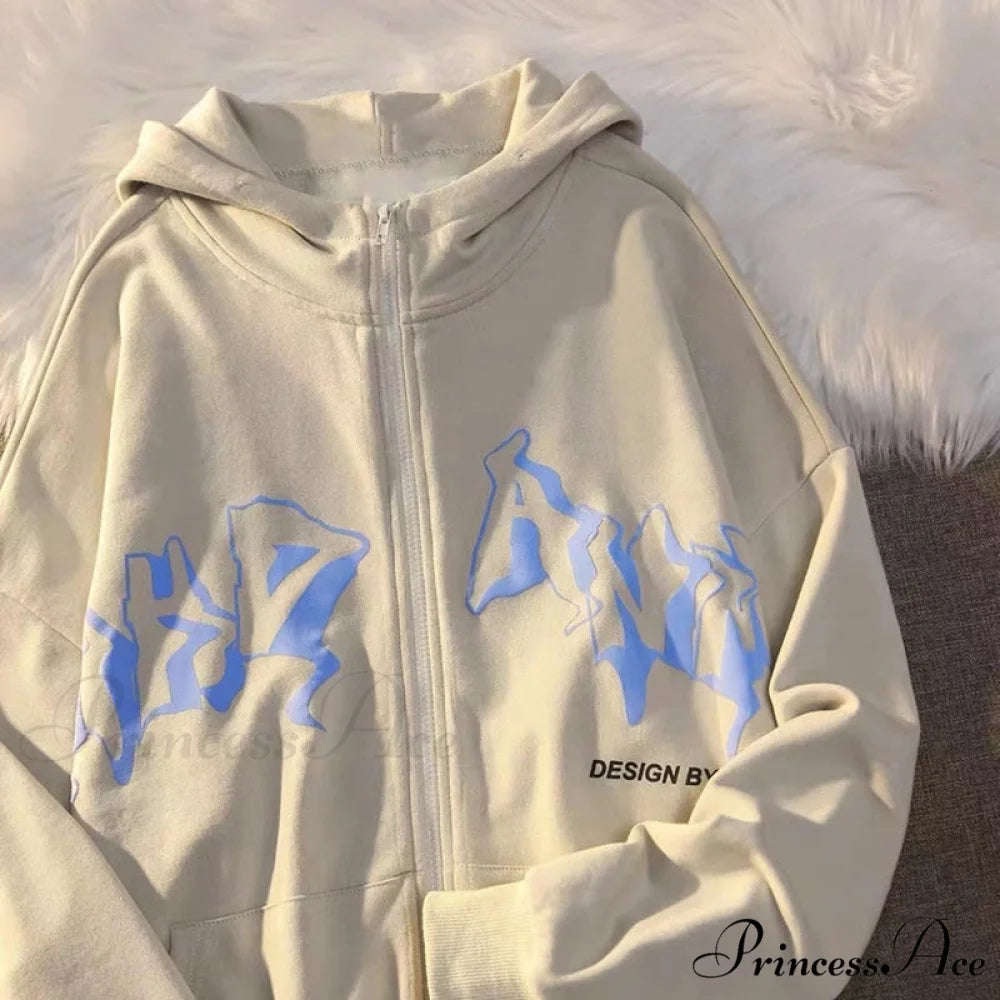Letter Print Zip Up Hoodies Beige / XS Sweatshirts & Hoodies-L