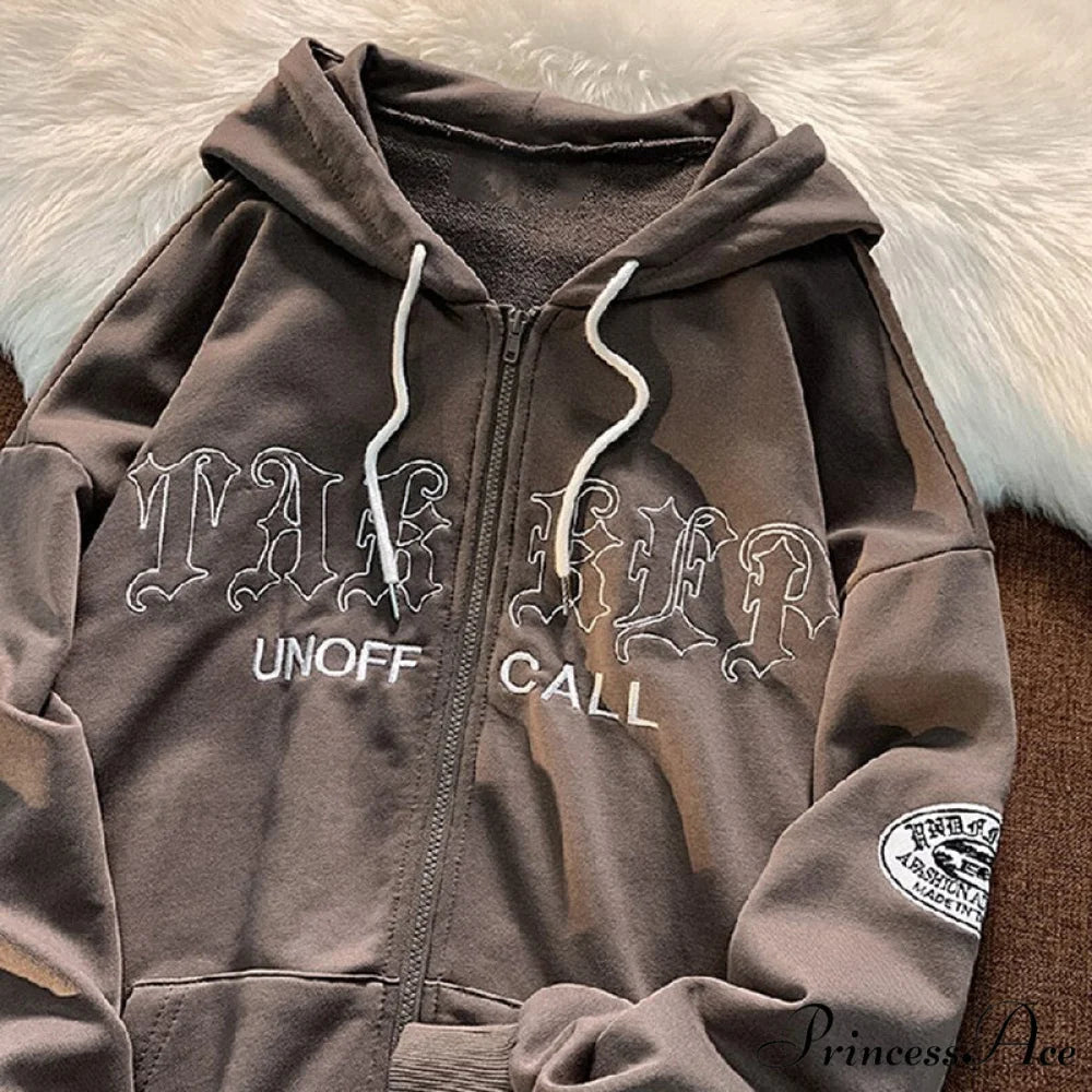 Letter Print Zip Up Hoodies Brown / XS Sweatshirts & Hoodies-L