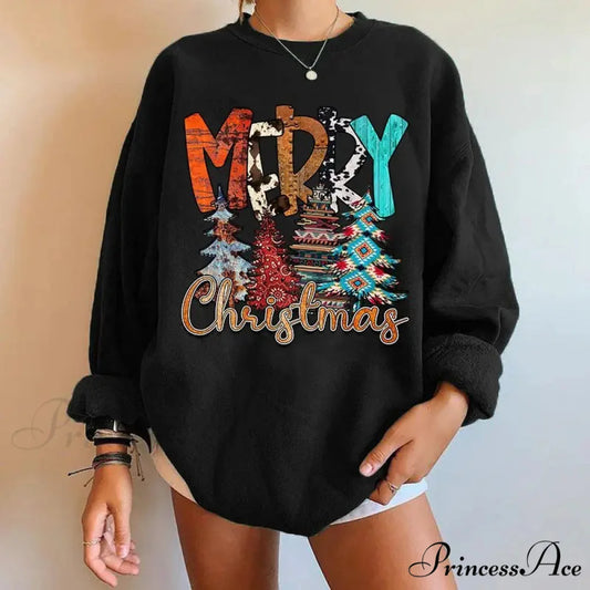 Letter Tree Print Round Neck Fleece Anime Christmas Hoodie - Large Size BLACK / S Christmas Hoodies-L
