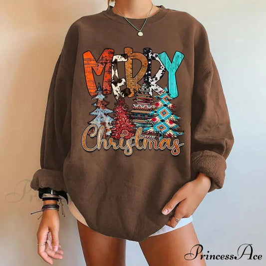 Letter Tree Print Round Neck Fleece Anime Christmas Hoodie - Large Size COFFEE / S Christmas Hoodies-L