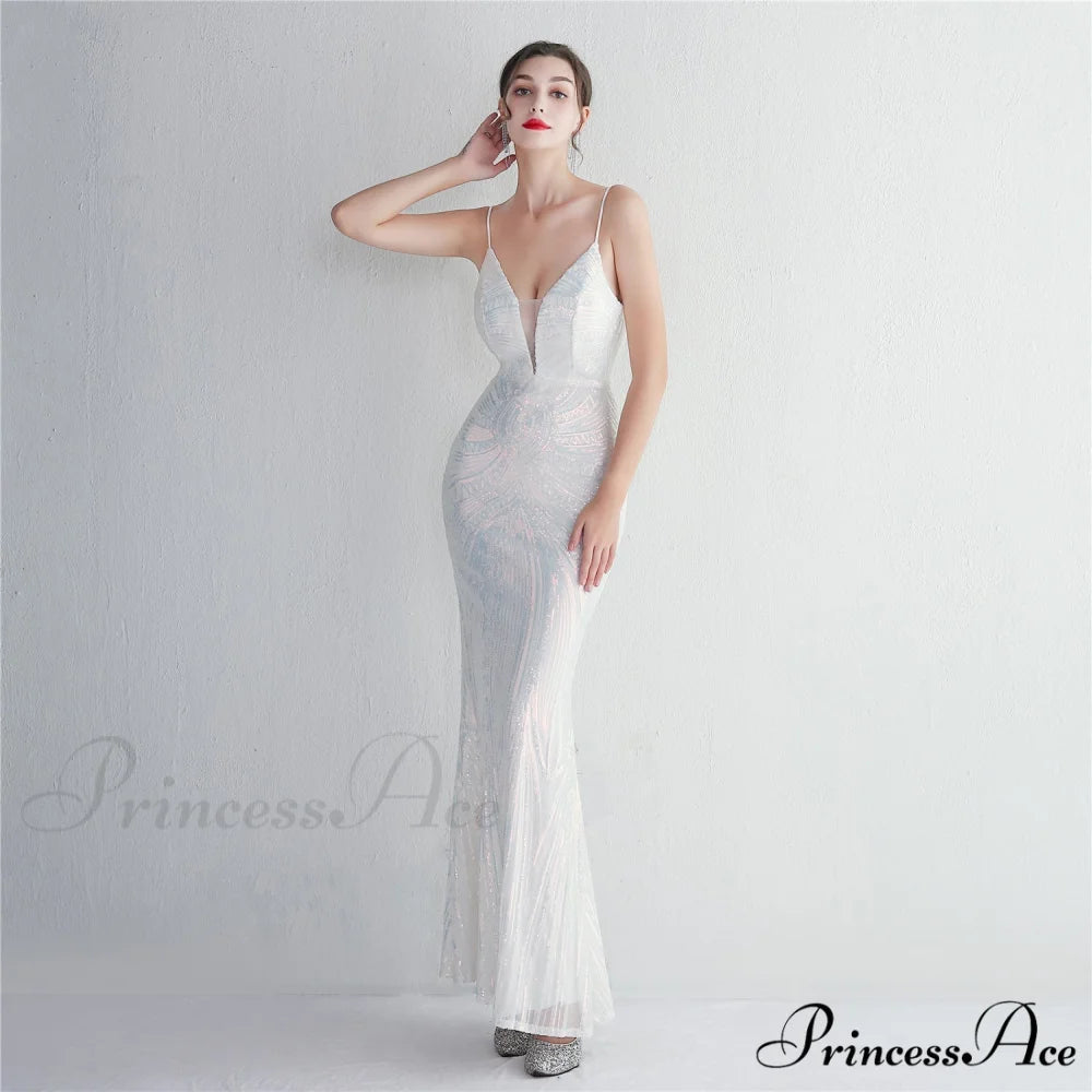 Liana Formal Sequin Charming Scroll Mermaid Dress WHITE / S