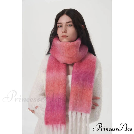 Light Luxury Gradient Color Wool Striped Fringed Mohair Scarf