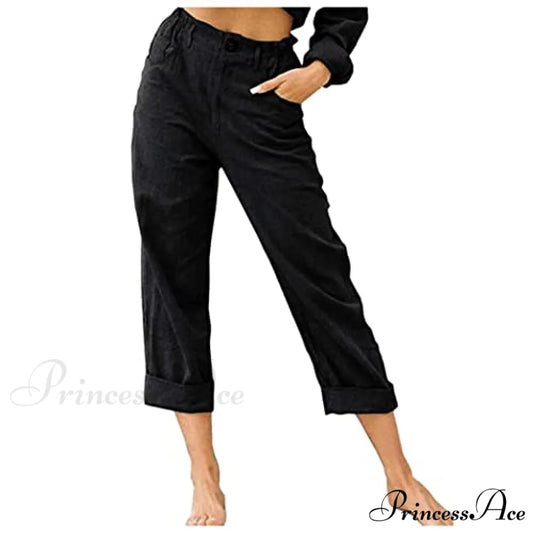 Linen Buttons Cropped Pants High Elastic Waist Stretch Capris