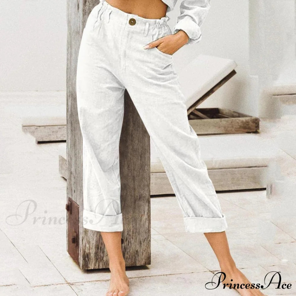 Linen Buttons Cropped Pants High Elastic Waist Stretch Capris