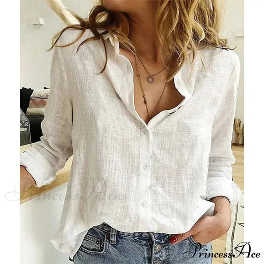 Linen Cotton Button-up Navy Office Blouse blouse-250126