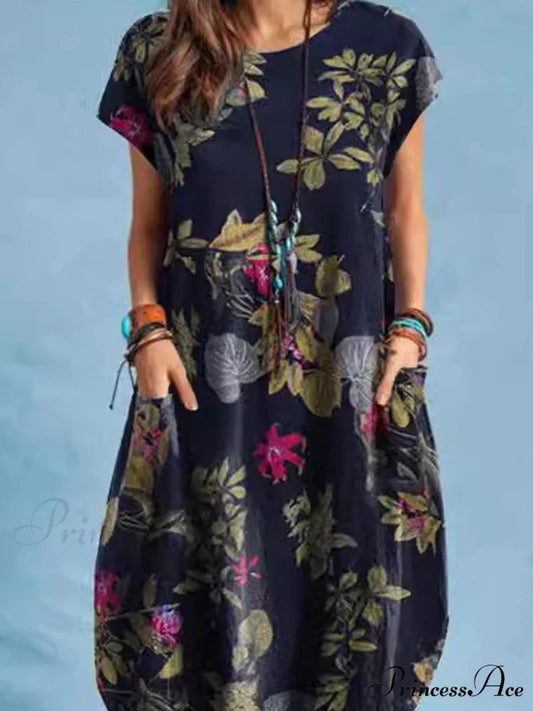 Linen Loose Round-neck Floral Dress oldfloraldress-250126