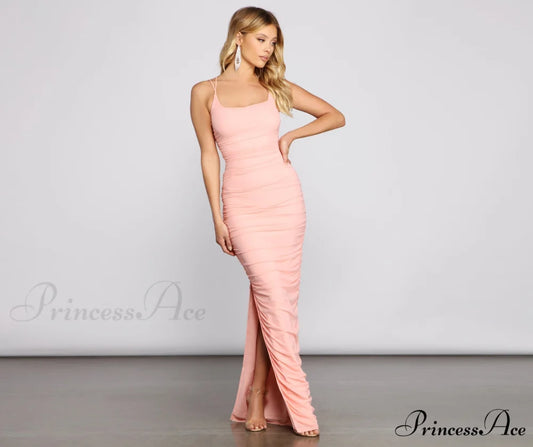 Liza Formal Ruched Charming High Slit Dress PINK / XS