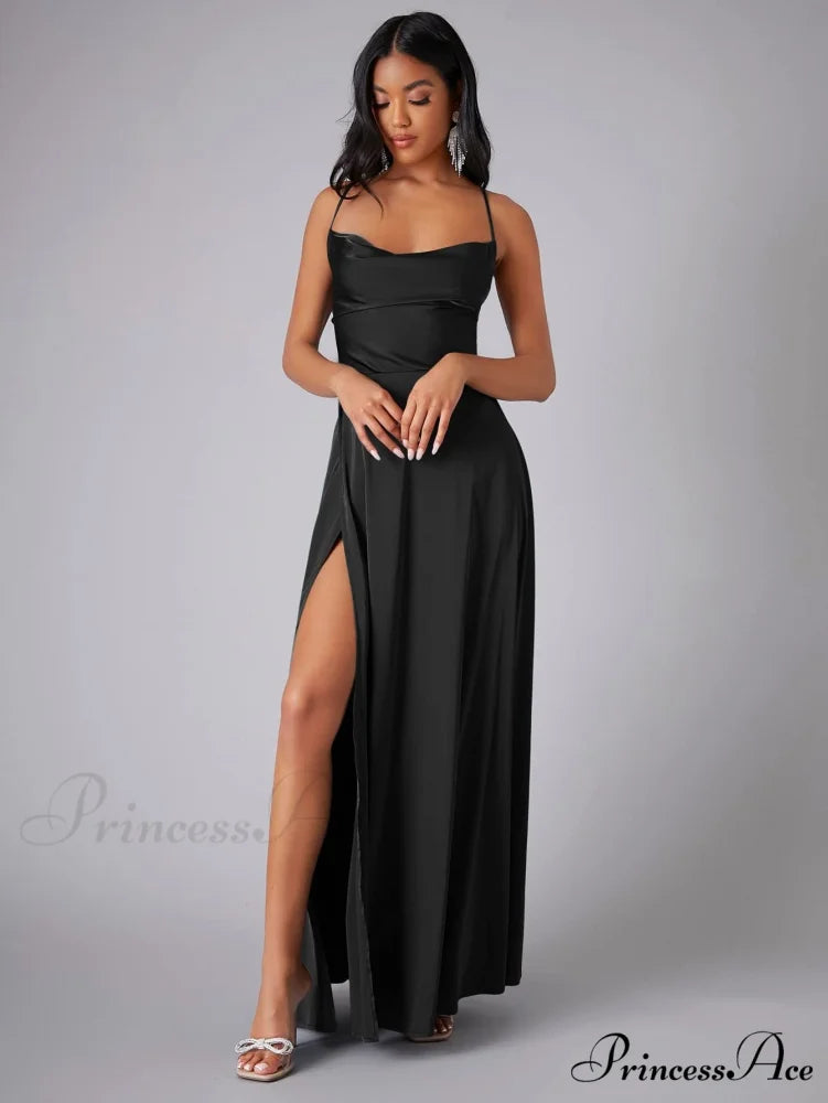 Lola High Stylish Slit Satin Dress BLACK / S