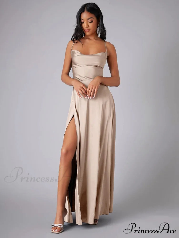 Lola High Stylish Slit Satin Dress CHAMPAGNE / S
