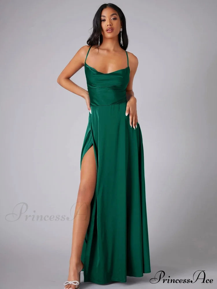 Lola High Stylish Slit Satin Dress HUNTER / S