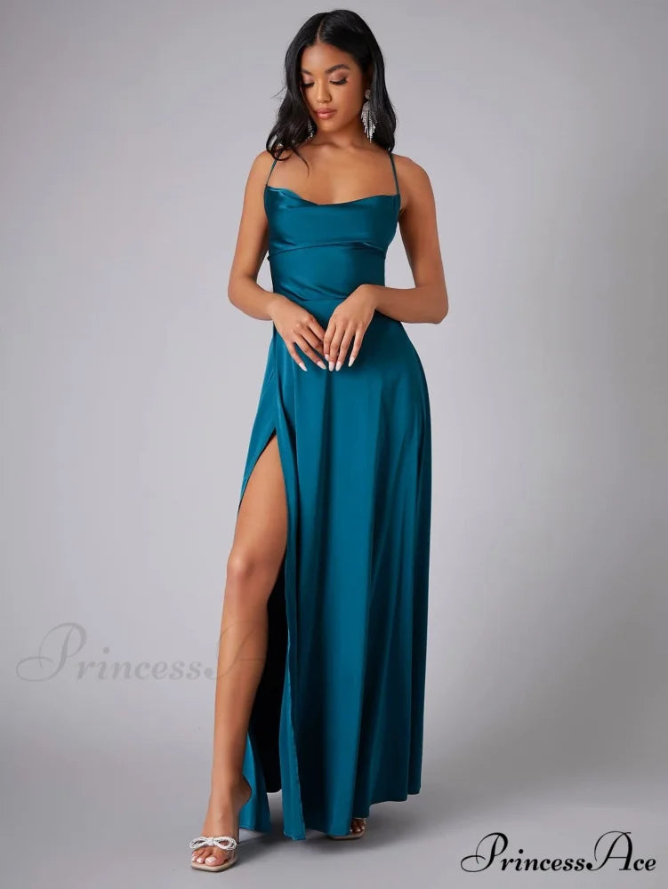 Lola High Stylish Slit Satin Dress NAVY / S