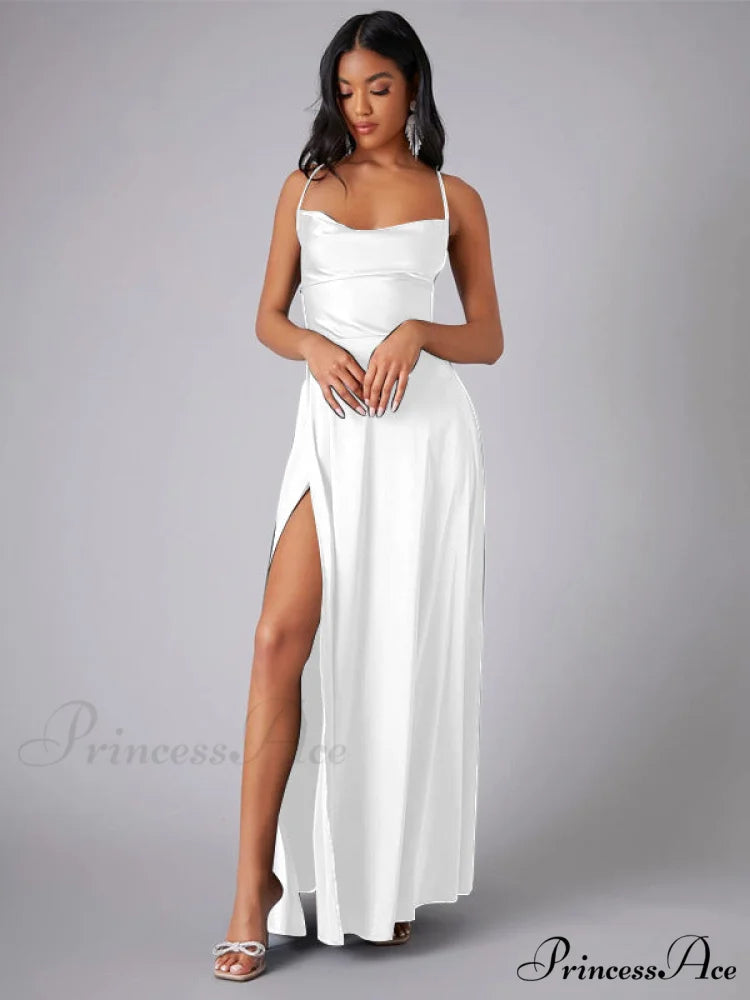 Lola High Stylish Slit Satin Dress WHITE / S