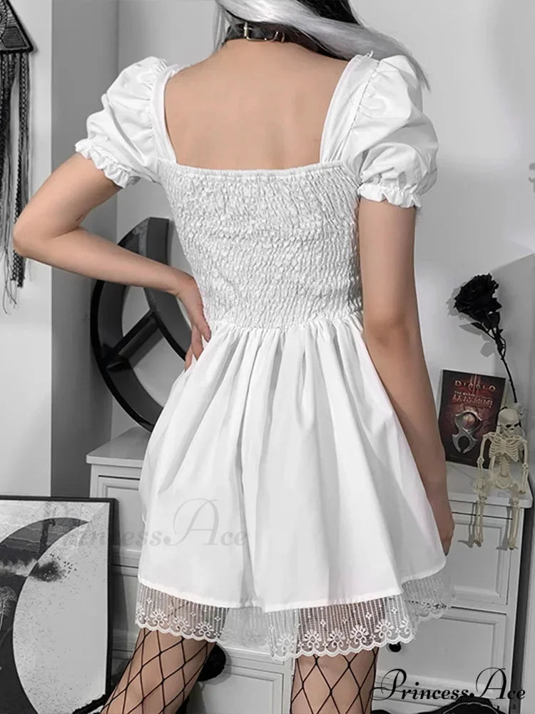 Lolita Black Goth Aesthetic Puff Sleeve High Waist Mini Vintage Lace Trim Bandage Corset Dress