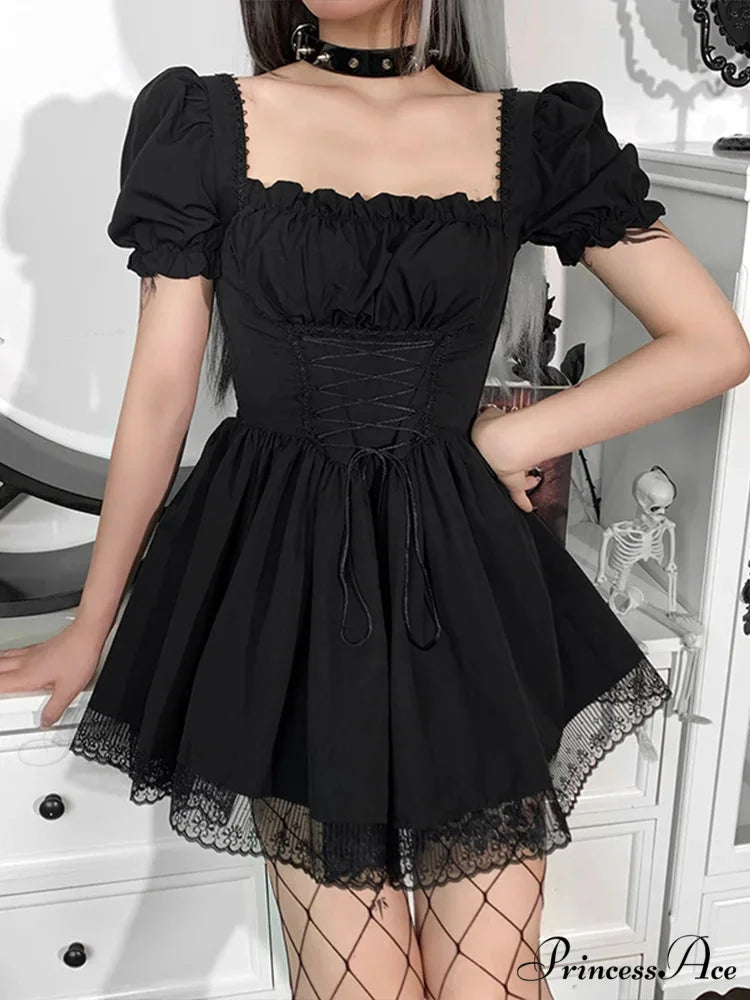 Lolita Black Goth Aesthetic Puff Sleeve High Waist Mini Vintage Lace Trim Bandage Corset Dress Black / S