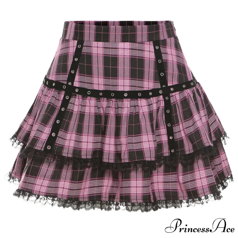 Lolita Cake Gothic Japanese Harajuku Purple Pink Plaid Pleated Skirt PURPLE / S