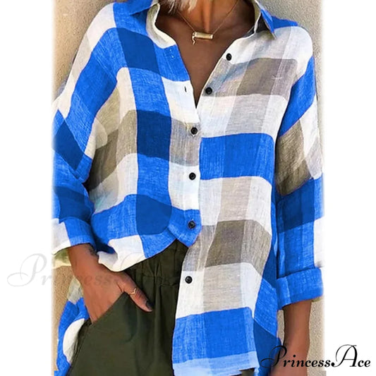 Long Arm Blouse for Basic Checkered Loose Women Blue / S