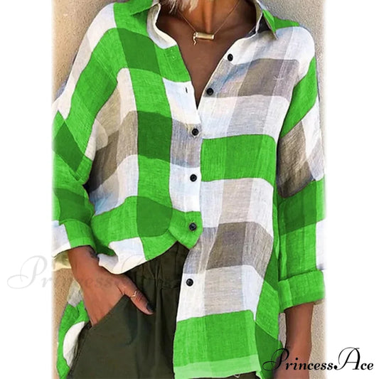 Long Arm Blouse for Basic Checkered Loose Women Green / S