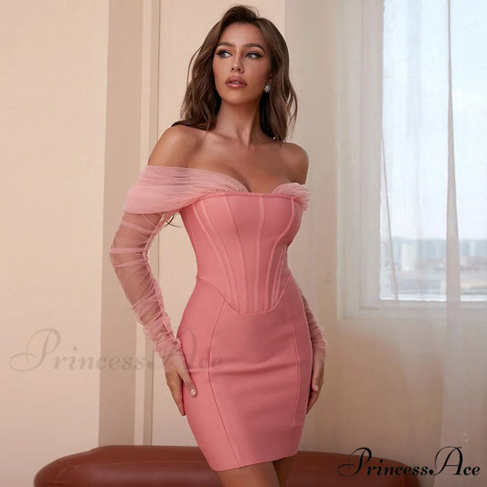 Long Arm Pink Warm-Season Sexy Bodycon Mesh Shoulder Bandage Backless Mini Women Off Dress Pink / XS / China