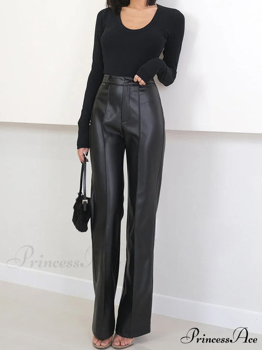 Long Black Soft Pu Leather Pants Black / XS