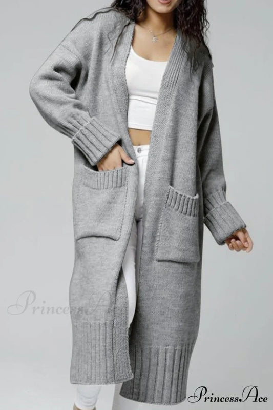 Long Cardigan with Open Front and Pockets Light Grey / S