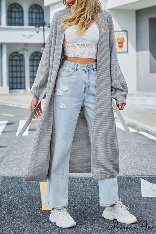 Long Cardigan with Open Front and Tie-waist Grey / M