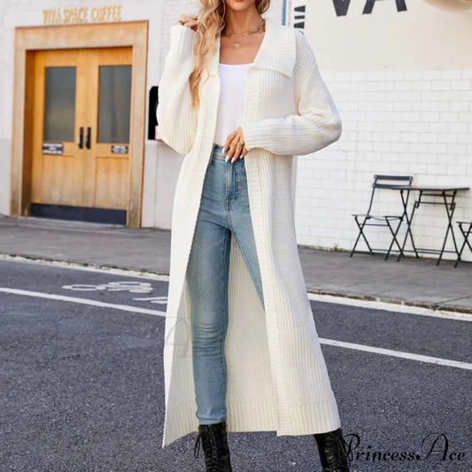 Long Colour Solid Cardigan White / S