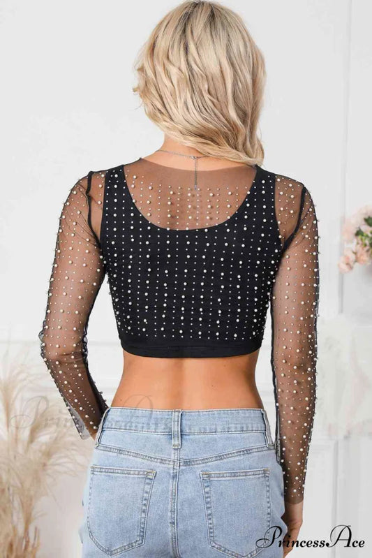 Long Cropped with Pearl Top Mesh Sleeves