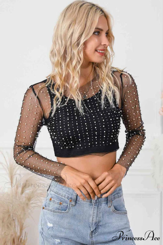Long Cropped with Pearl Top Mesh Sleeves Black / S