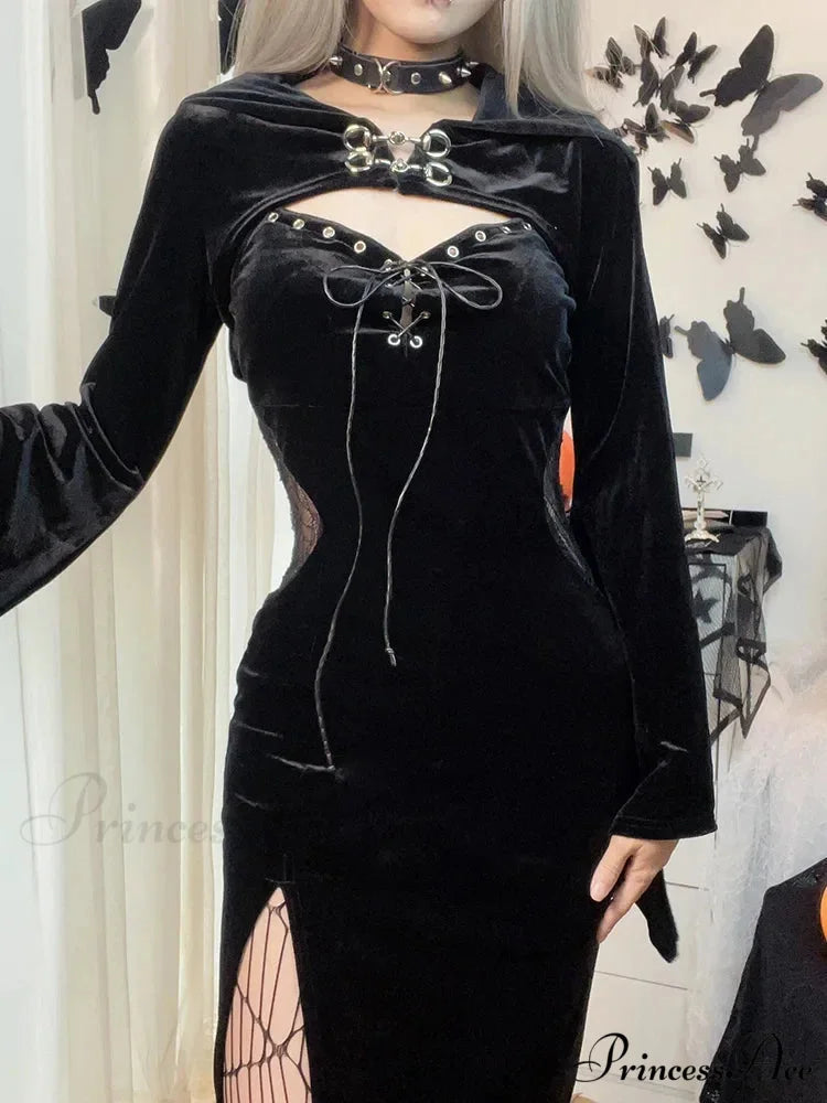 Long Dress Suit With Hat See Through Velvet Lace Cutout High Slit Long Sleeve Button Lace-up Party Dress