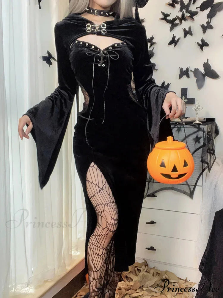 Long Dress Suit With Hat See Through Velvet Lace Cutout High Slit Long Sleeve Button Lace-up Party Dress Black / S