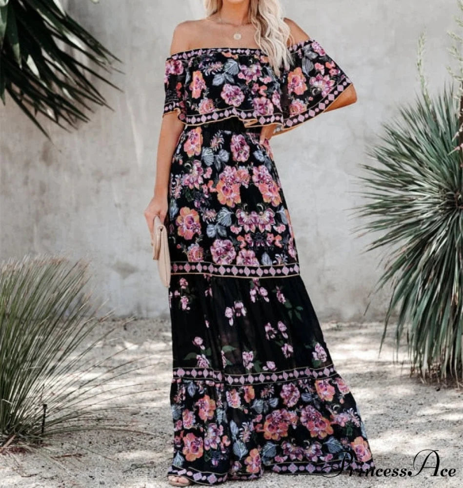 Long Floral Print Casual Elegant Party Dresses Black / XXL