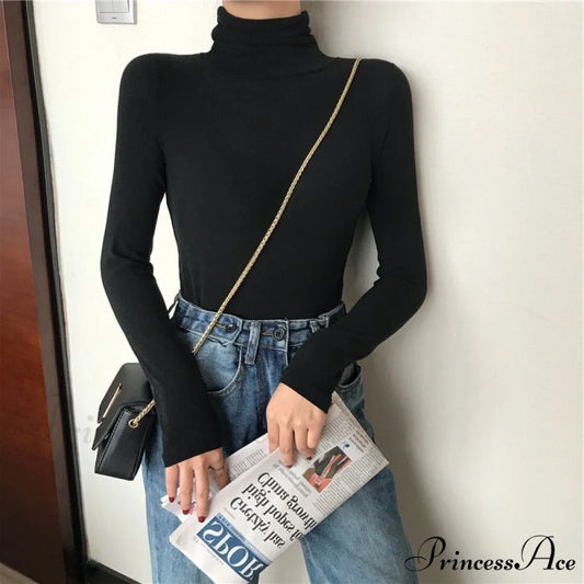 Long Harajuku Arm Turtleneck Women Spring Black T-Shirt Bottoming Autumn Shirts Tee 90s Korean Slim White Solid Tops