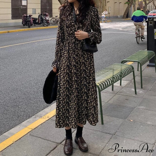 Long High Waist Collar Printed Floral Casual Dress black / M