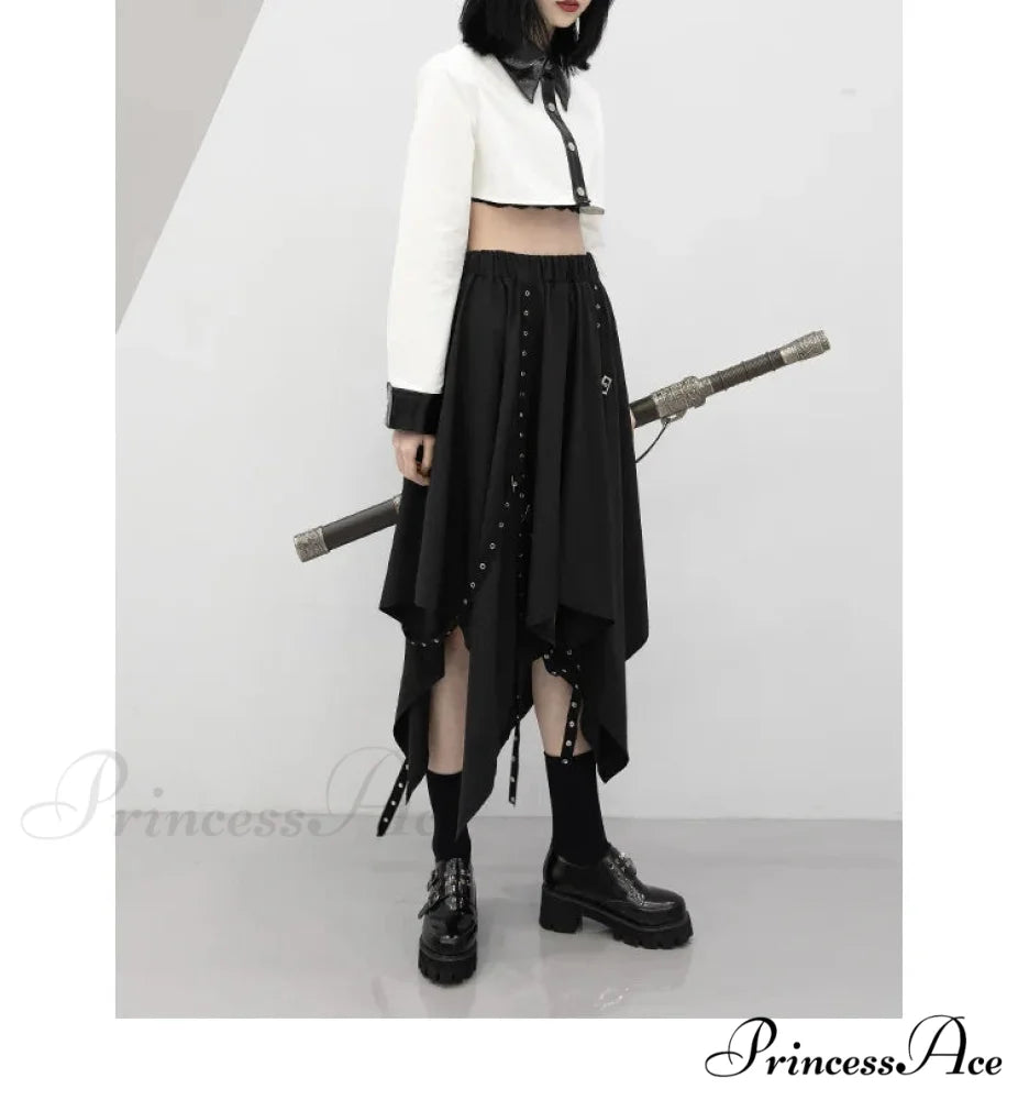 Long Irregular Dark Tie Street Wind Weave Buckle Y2k Skirt BLACK / One size