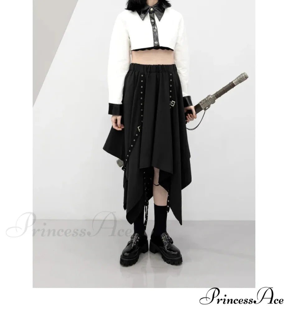 Long Irregular Dark Tie Street Wind Weave Buckle Y2k Skirt BLACK / One size