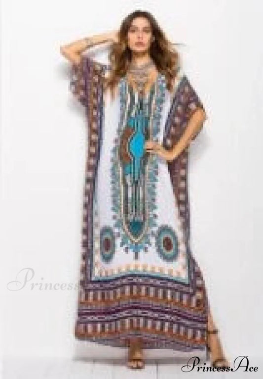 Long Kaftan Dress Rayon Cultural Floral Print Beach Sundress Beige / One Size bohodress-250126